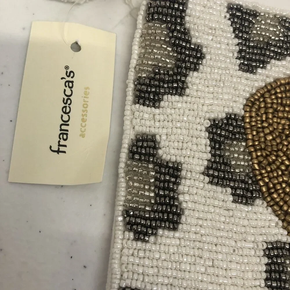 Francesca's Glass Beaded Pouch Clutch Bag Purse Gold Heart Leopard Cougar Spots